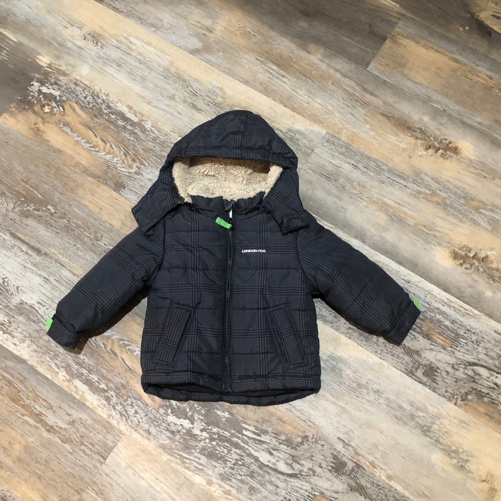 London Fog Gray Plaid Fleece Lined Puffer Jacket 24M